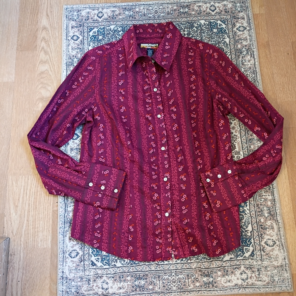 Havana Jack's Cafe Shirt Women's L Button-Down Fuchsia Pink Floral Cotton Boho
